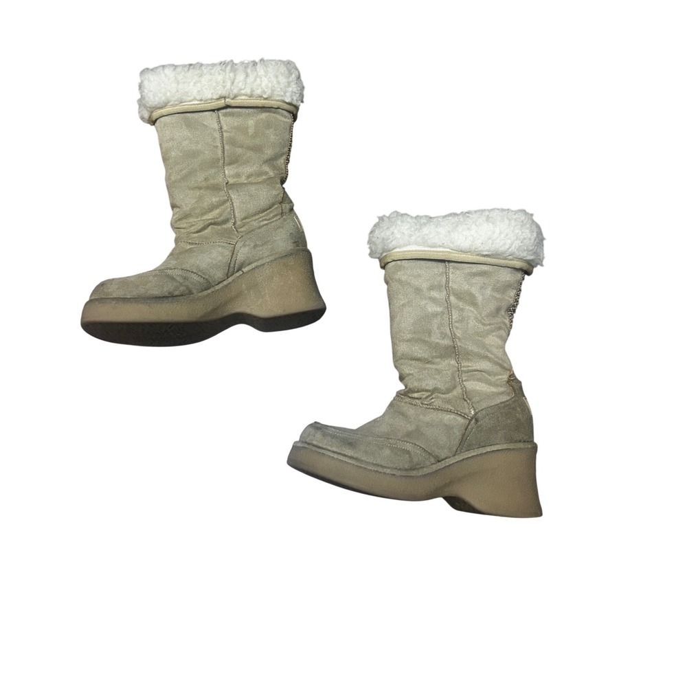 LEI Vintage Y2K Platform Wedge Boots Tan Faux Fur Trim Mid Calf Womens‎ 6.5